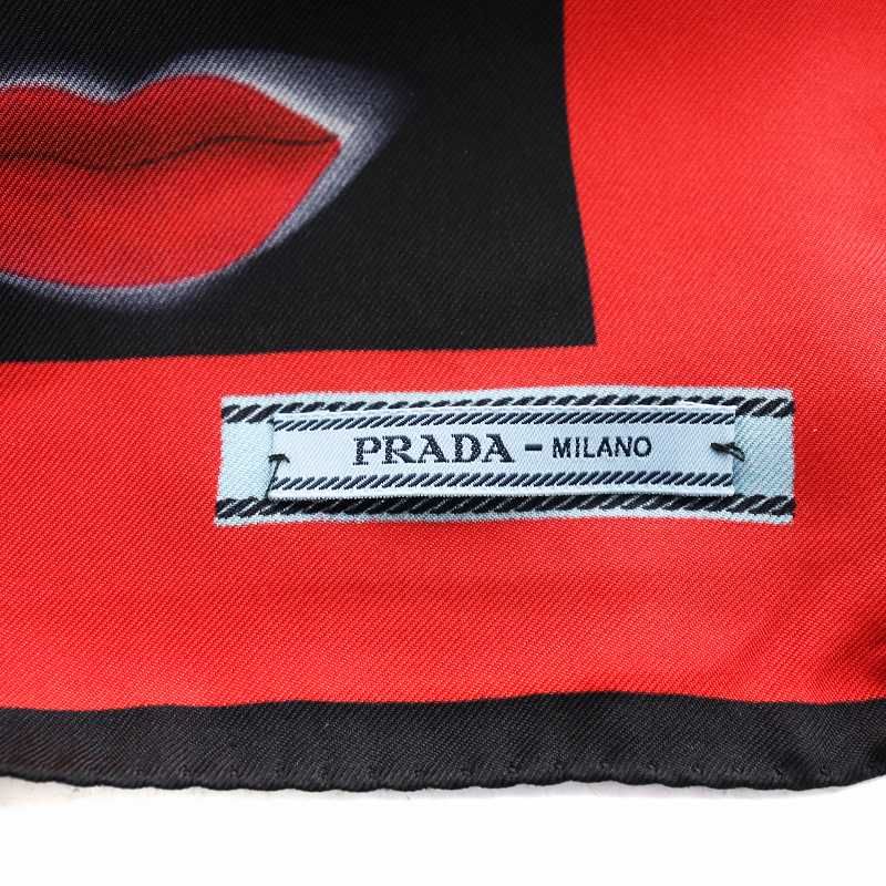 PRADA リップ柄デザイン スカーフ プラダ PRADA スカーフ リップ シルク 絹 黒 ブラック 赤 レッド