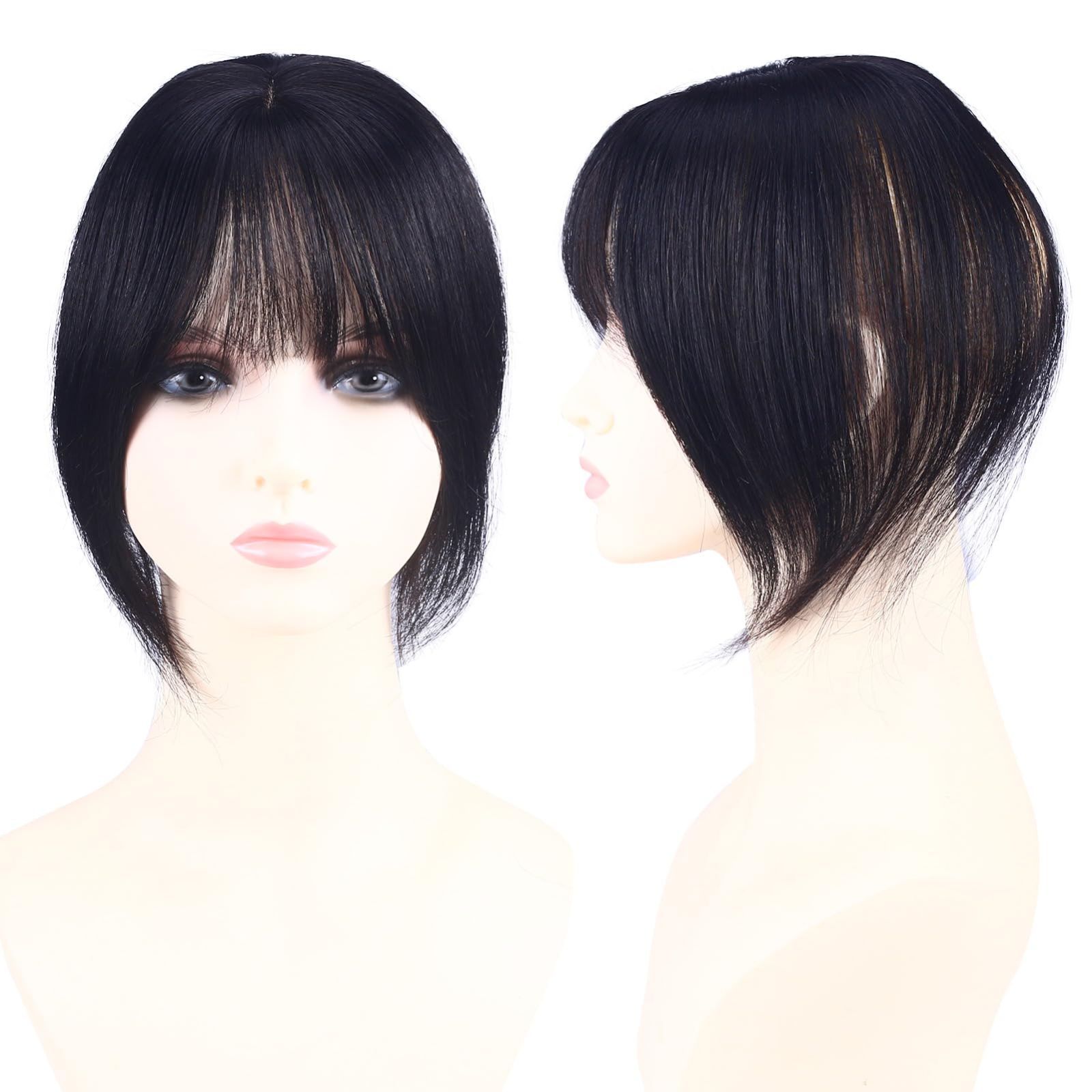 新商品 通気性 軽量 前髪ウィッグ ショート 3D 女性用 白髪隠れ ファッション 人工皮膚付け トップカバー 自然 装着簡単 手植え 医療用ウィッグ 人毛100％ ヘアピース 部分ウィッグ ぱっつんバング HIYE 7*9CM 自然黒色