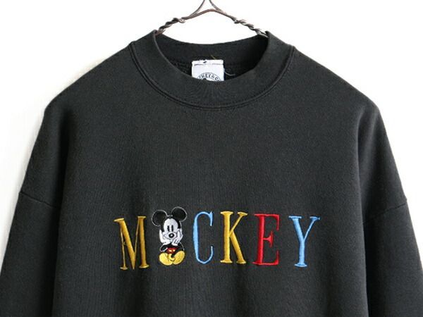 90s 人気 黒 ■ ディズニー オフィシャル ミッキー 刺繍 スウェット トレ