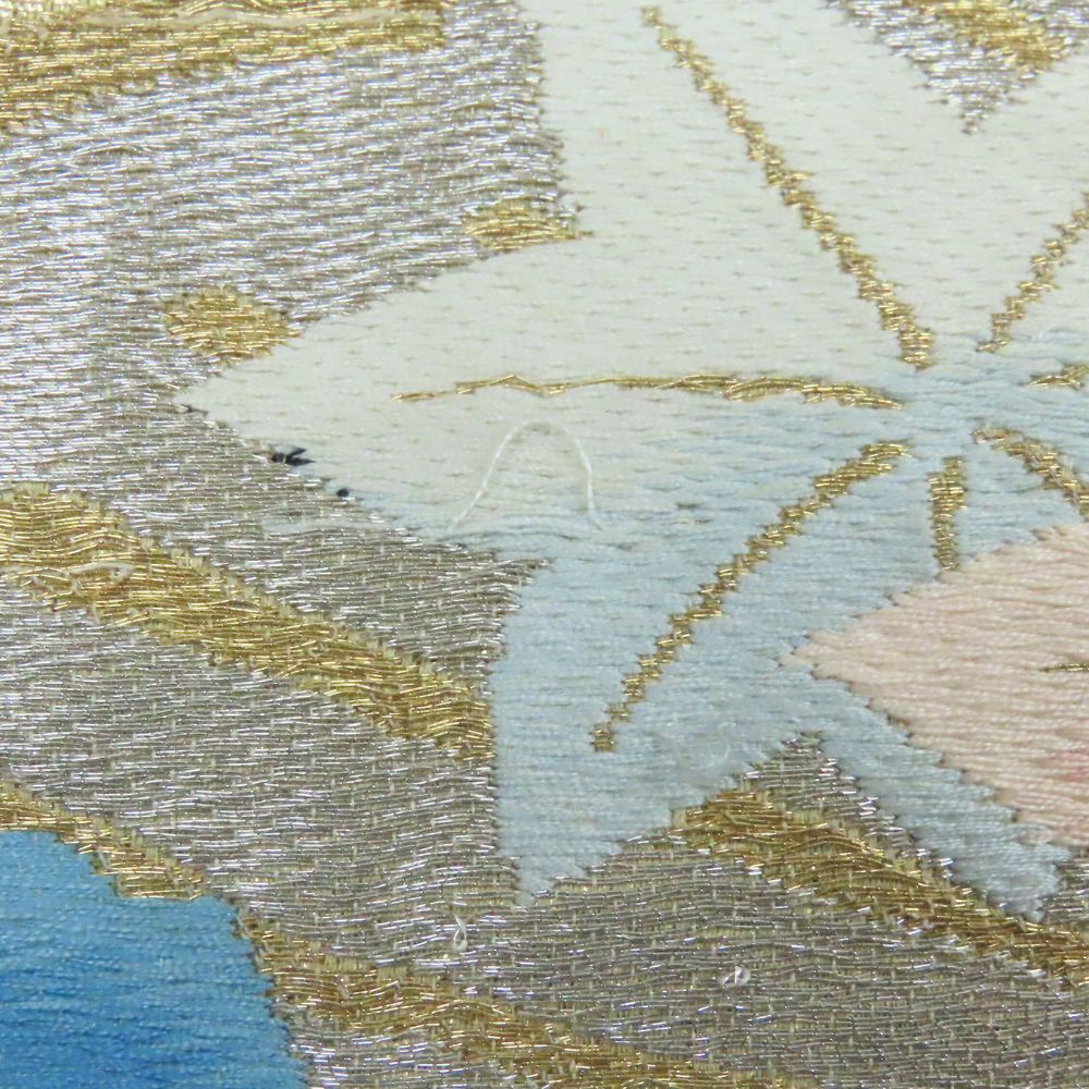 中古】 袋帯 正絹(金銀糸除く) ゴールド マルチカラー 草花柄 リメイク