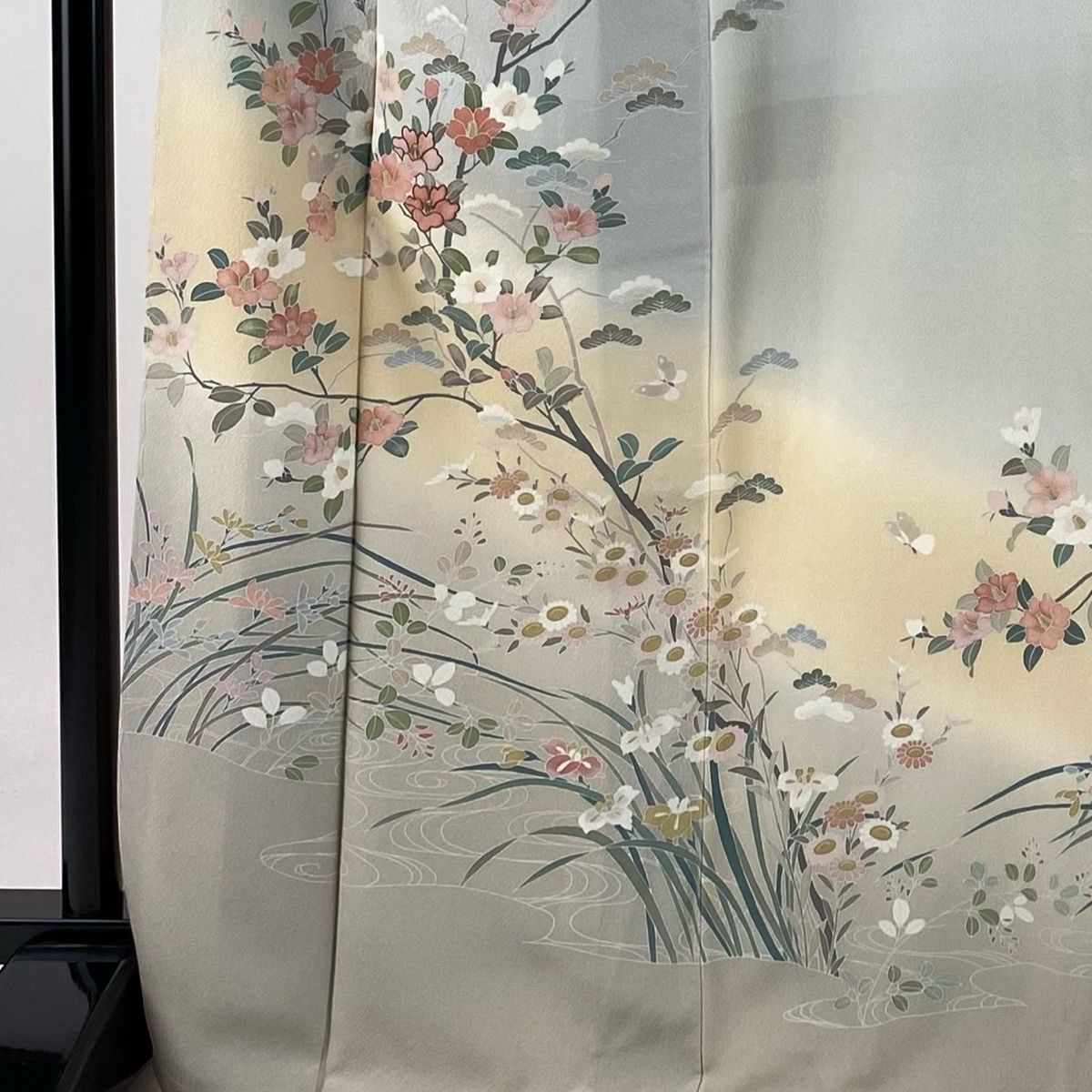 訪問着 身丈170cm 裄丈68cm L 袷 椿 蝶 金銀糸 染め分け 青灰色 正絹 秀品