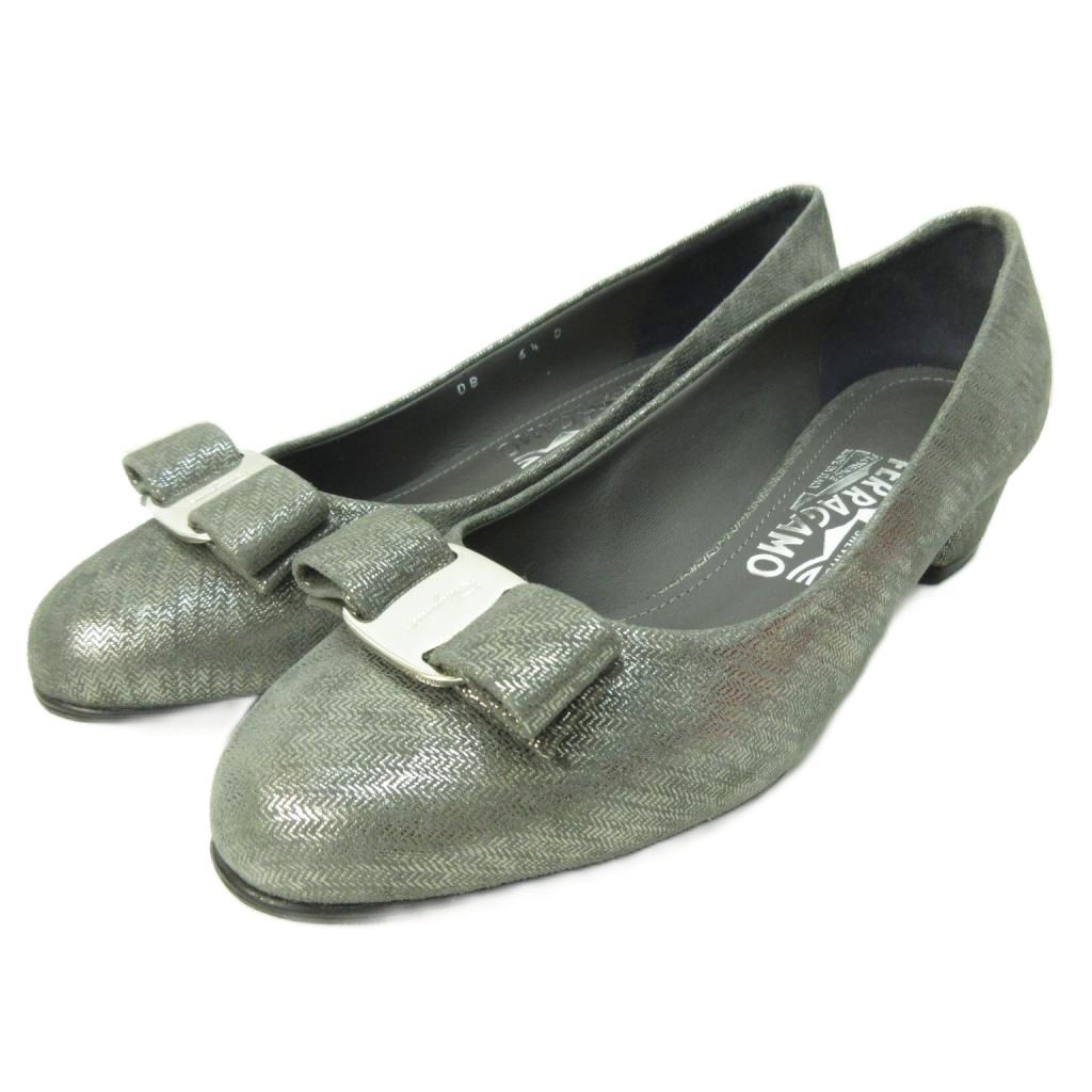 サルヴァトーレフェラガモ Salvatore Ferragamo ヴァラ リボン パンプス フラットシューズ グレー系 6.5 約23.5cm 01G191