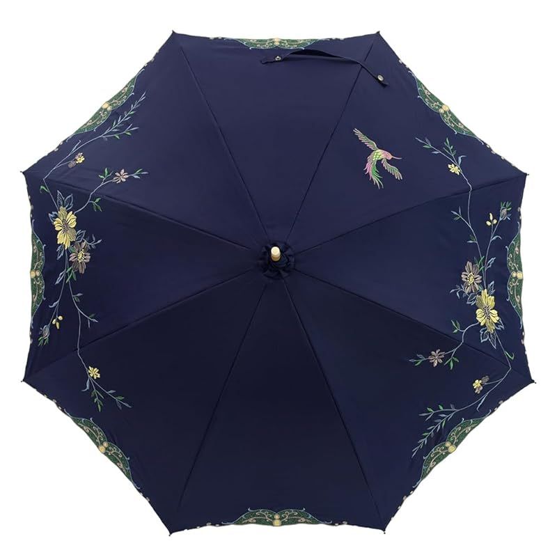 シノワズリーモダン 日傘 長日傘 女優日傘 1級遮光 晴雨兼用 遮熱 逃熱 UVカット UPF50 かわず張り 花鳥 ネイビー2 0