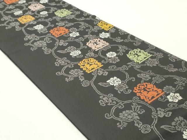 平和屋着物●九寸開き名古屋帯 名物裂 花兎 黒地 正絹 DAAY0194ob