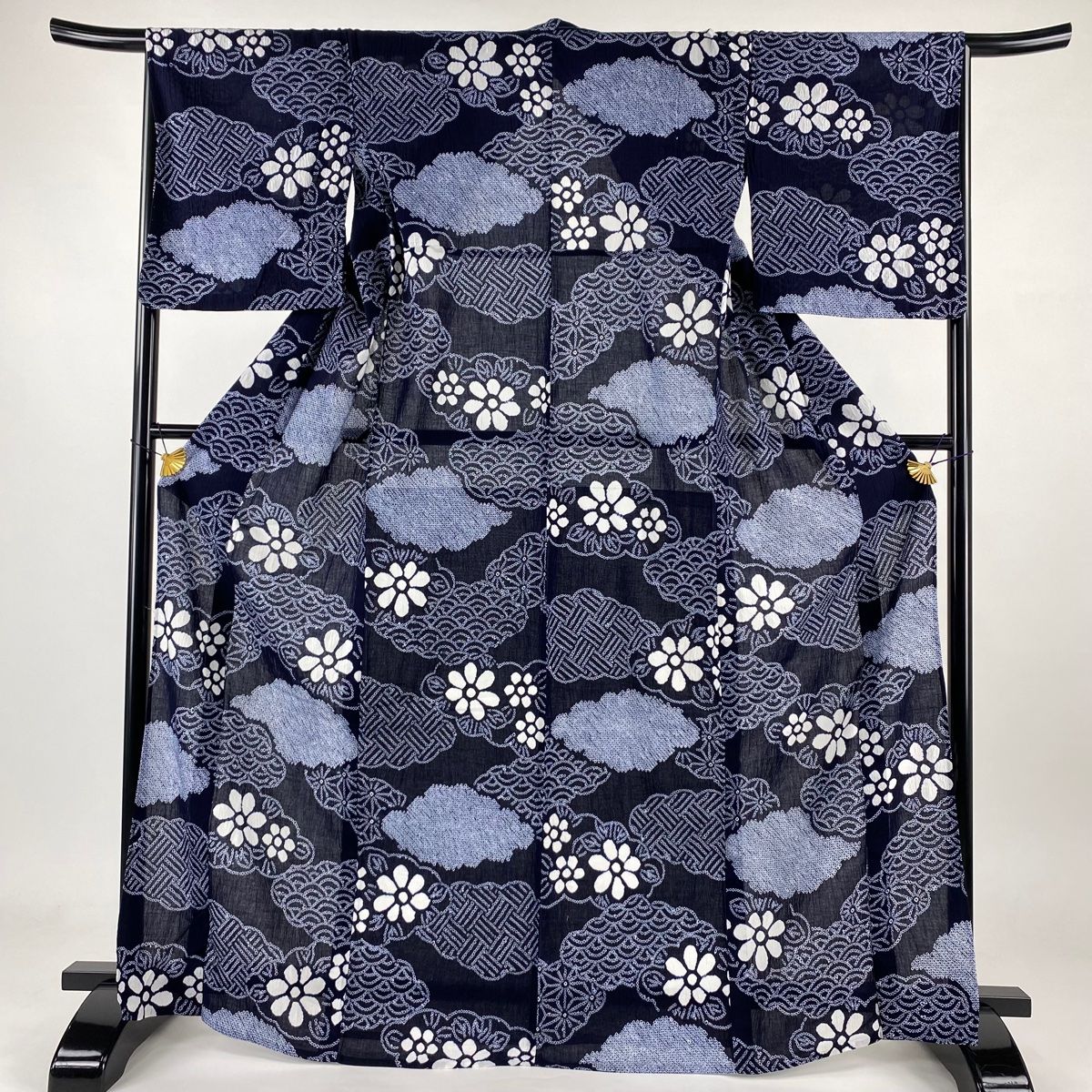 浴衣 身丈168cm 裄丈66cm M 絞り浴衣 草花 青海波 濃紺 綿 名品