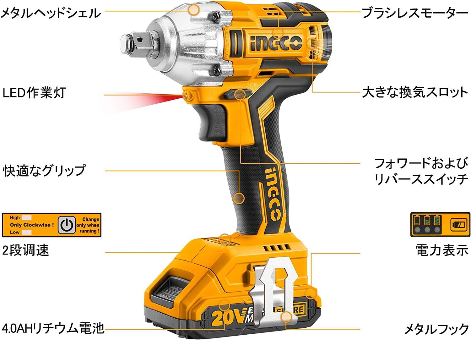 公式の 電動インパクトレンチ 20V 充電式 コードレス 正逆転両用 2段