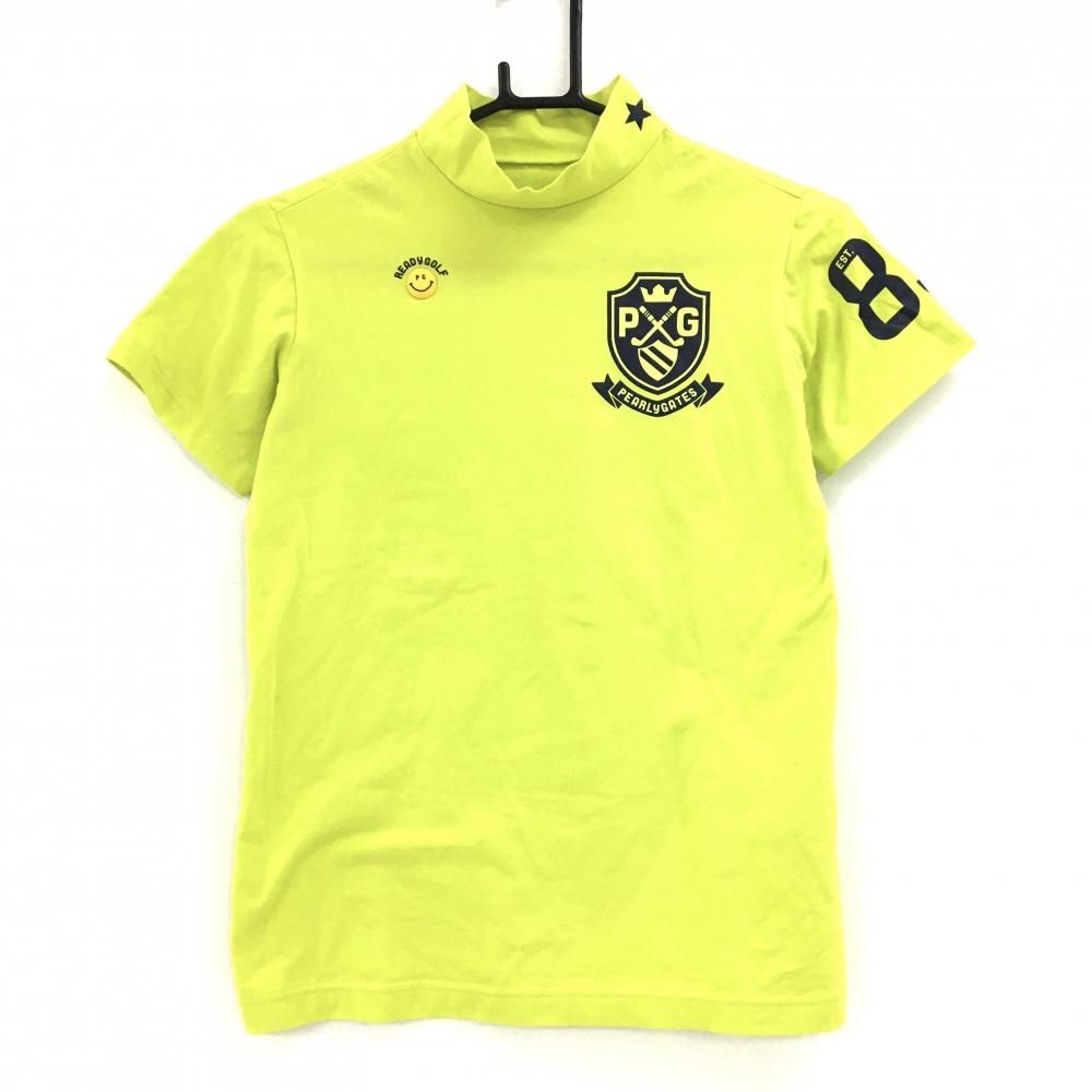 SALE価格【美品】パーリーゲイツ 半袖ハイネックシャツ ライムイエロー系×ネイビー ニコちゃん  レディース 0(S) ゴルフウェア PEARLY GATES