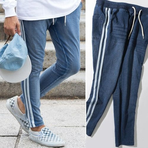 新品未使用 サイドラインカットデニムスキニーパンツ セットアップ対応 上下スウェット 2本ライン ユニセックス インディゴ ストレッチ カジュアル スポーティ 西海岸【hd0007】