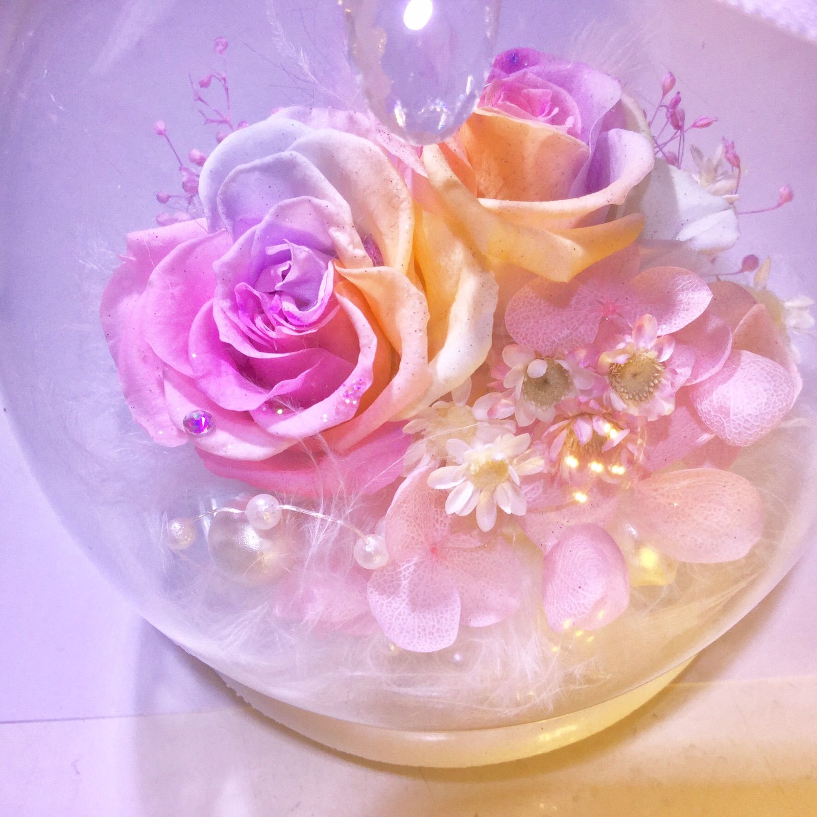 枯れない希望の花・パステルレインボーローズプリザーブドフラワー・真珠の涙mini