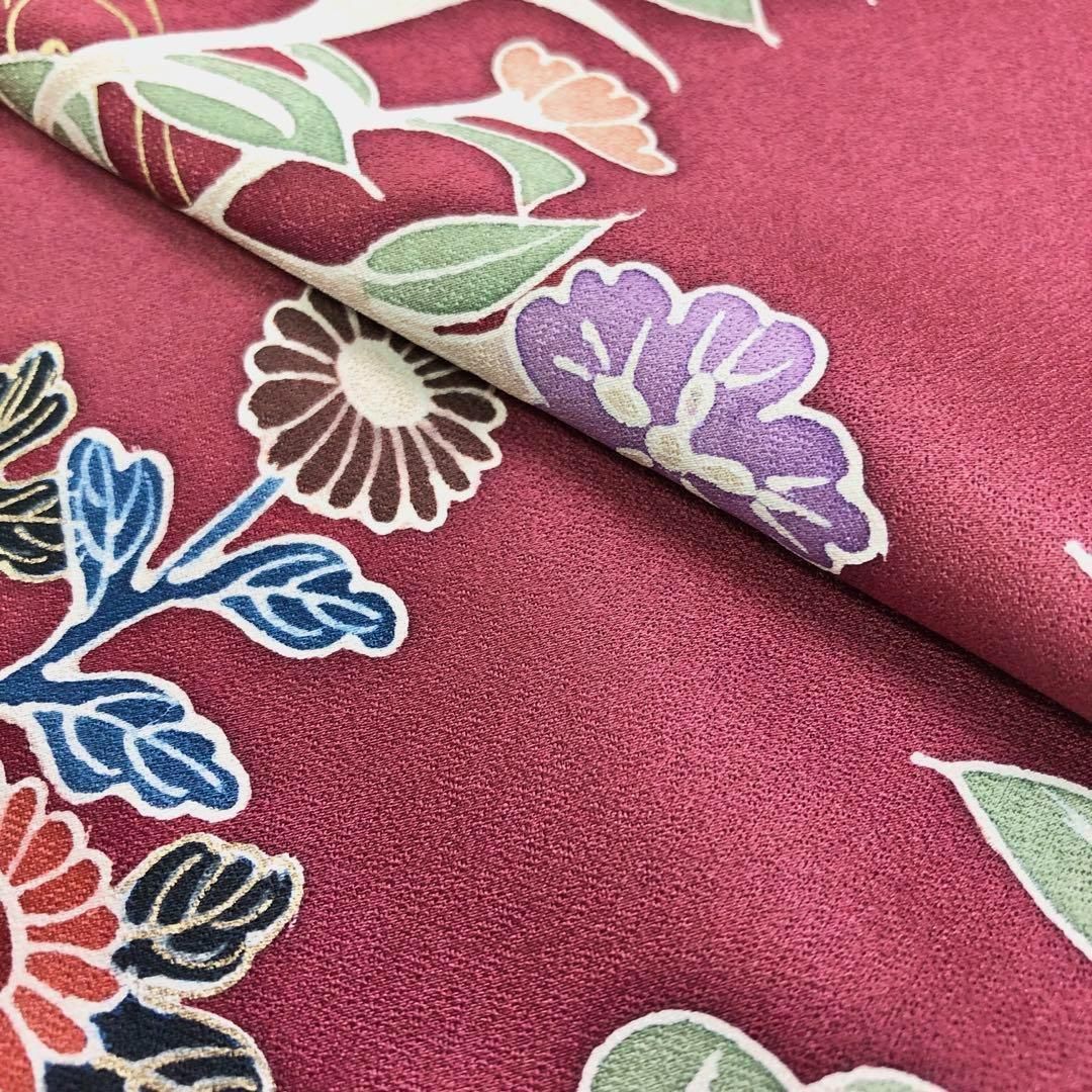 付下げ 花草模様 菊 桔梗 金彩 刺繍 海老色 オンライン K-3656