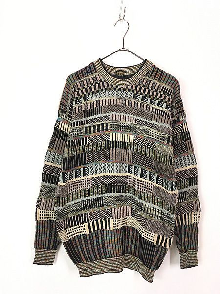 古着 90s Canada製 TUNDRA ランダム マルチ ブロック コットン ニット セーター M 古着 