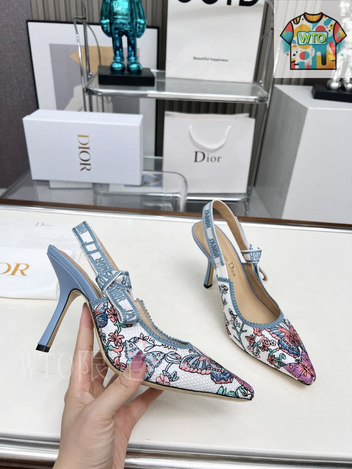 Dior 刺繍ハイヒール アルファベットロゴリボンサンダル06-1