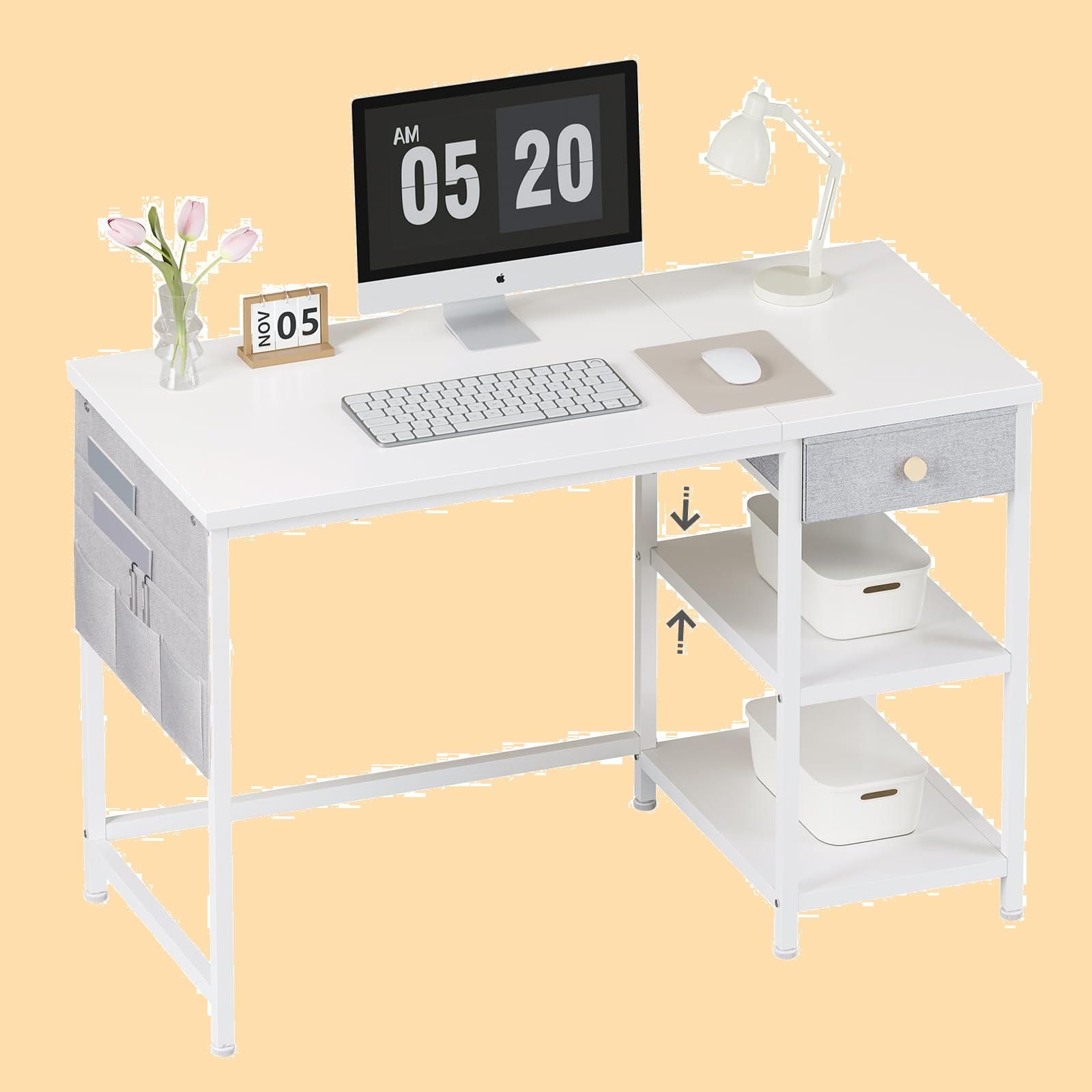 セール 大人 勉強机 つくえ ラック付きデスク パソコンデスク 幅120cm×奥行55cm 布製引き出し付き 在宅ワークデスク pcデスク オフィスデスク 収納ラック 机 収納袋付き 学習机 デスク 左右入替可 テレワーク YeTom 在宅勤務 白い
