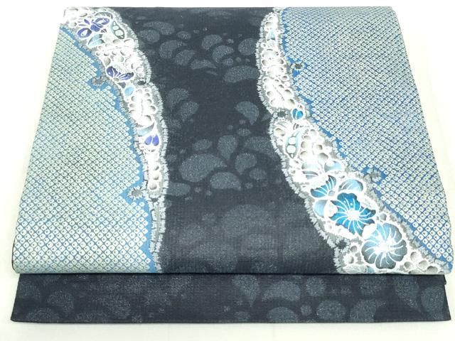 平和屋着物○両面 太鼓柄袋帯 紬地 絞り 雪輪辻が花 銀彩 正絹 逸品  