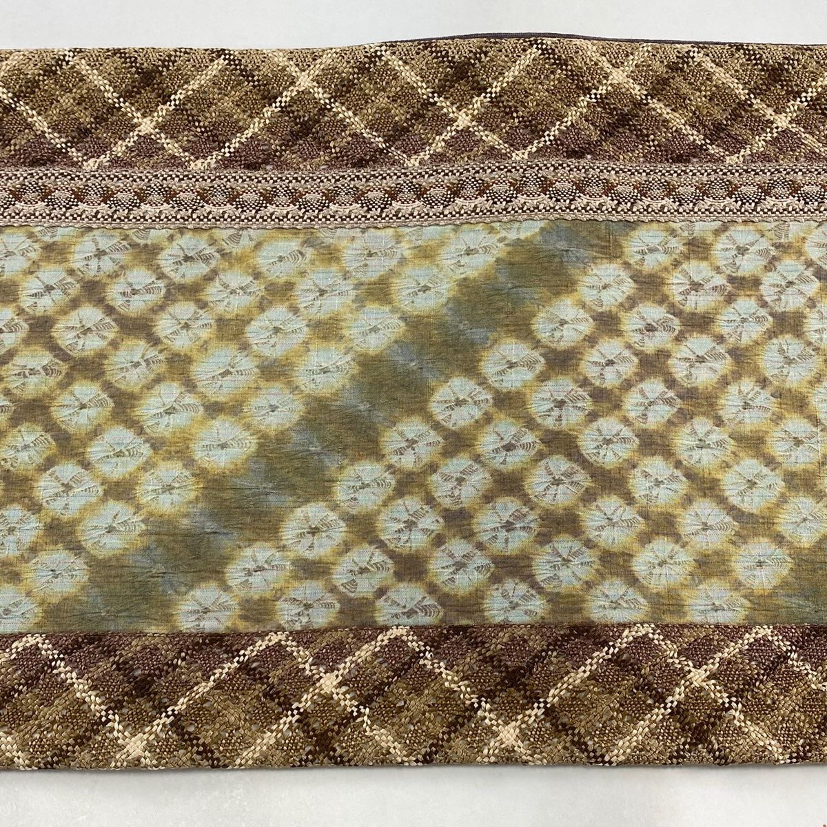 袋帯 美品 秀品 紬地 斜め格子 幾何学模様 刺繍 箔 茶緑色 全通