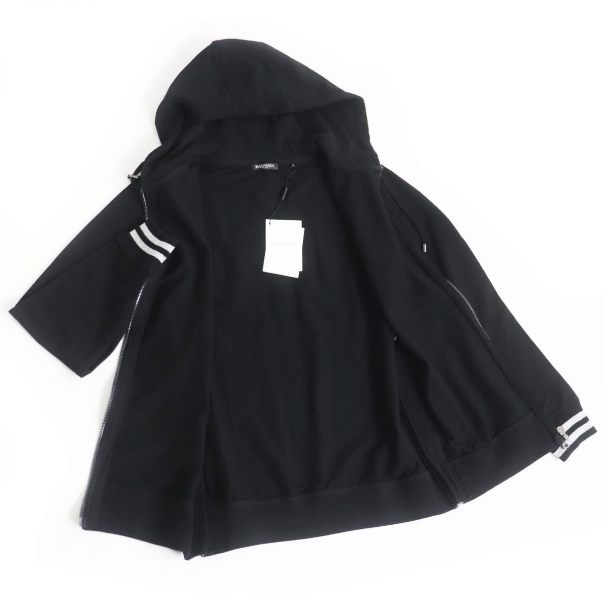 極美品BALMAIN（バルマン）黒Lジップアップフーディースウェットパーカー 極美品□BALMAIN/バルマン バックロゴ ラインデザイン ラメ