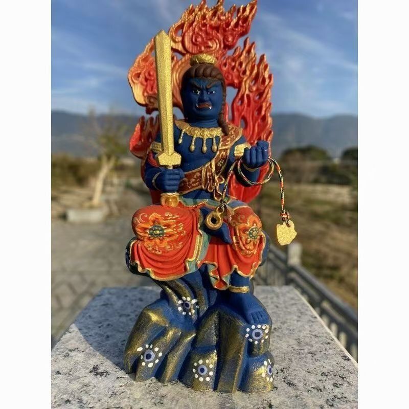 仏像 不動明王座像 彩色絵系 木彫り 仏像 不動尊 お守り本尊 総高18CM