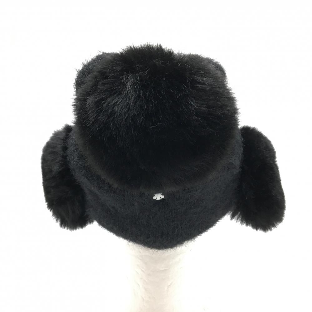 超美品】デサントゴルフ 耳当て付きつば付ニット帽 黒 フェイクファー
