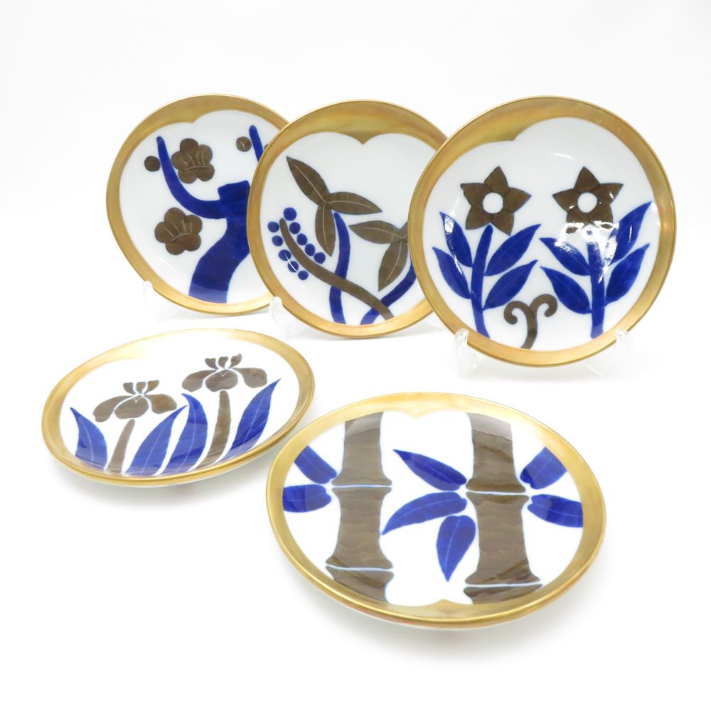 Fukagawa Seiji 深川製磁 光琳風染付 銘々皿 5枚 セット 金彩 14cmプレート 小皿 百年庵 SM4746B4