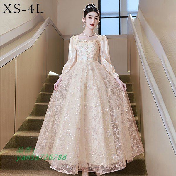 ドレス 大人 ピアノ 発表会 ロングドレス 大きいサイズ ロング 長袖 小さいサイズ 結婚式 演奏会 母親 キラキラ 演奏会用ドレス 袖付き yan5a726788