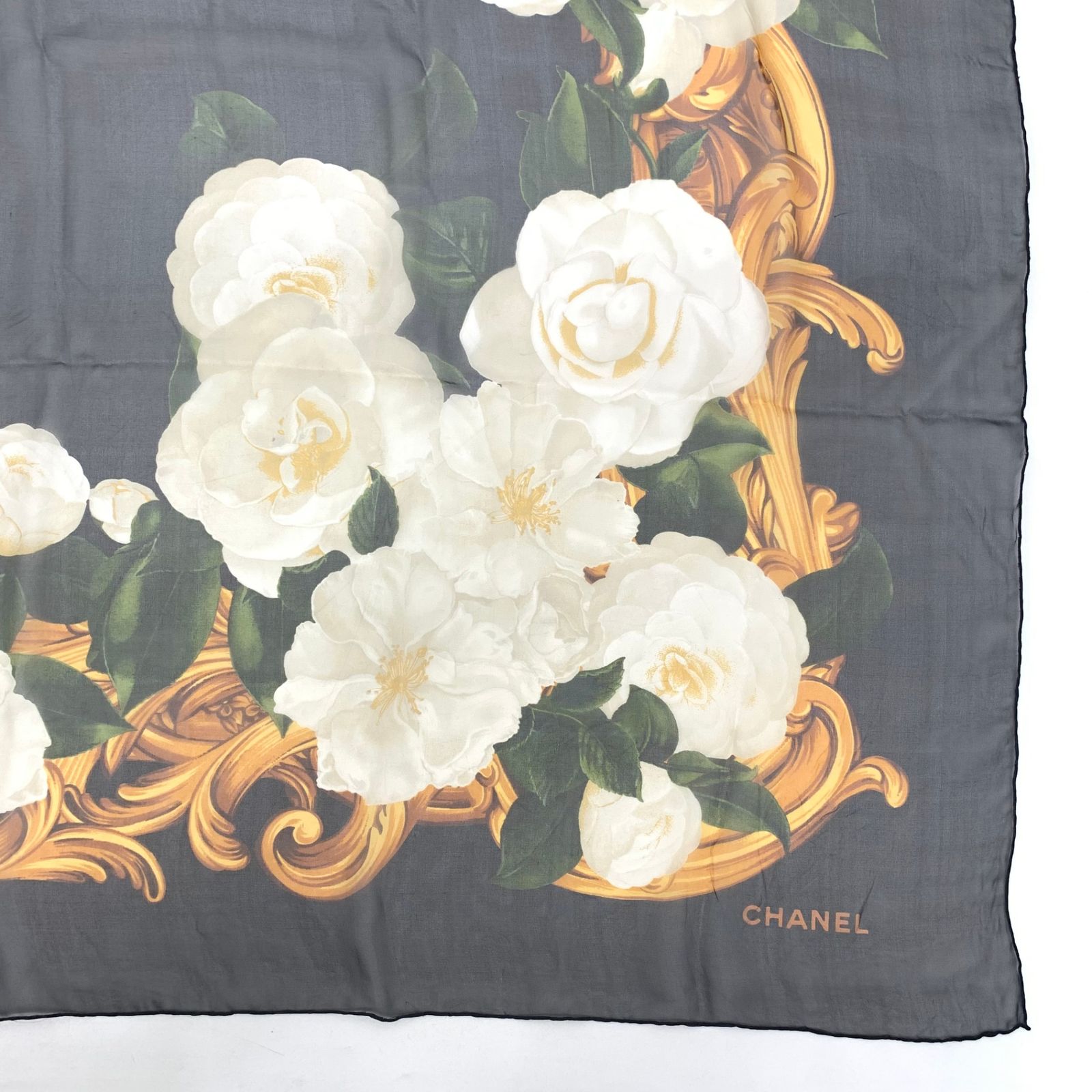 美品 CHANEL シャネル 大判 シースルー スカーフ ストール カメリア 花