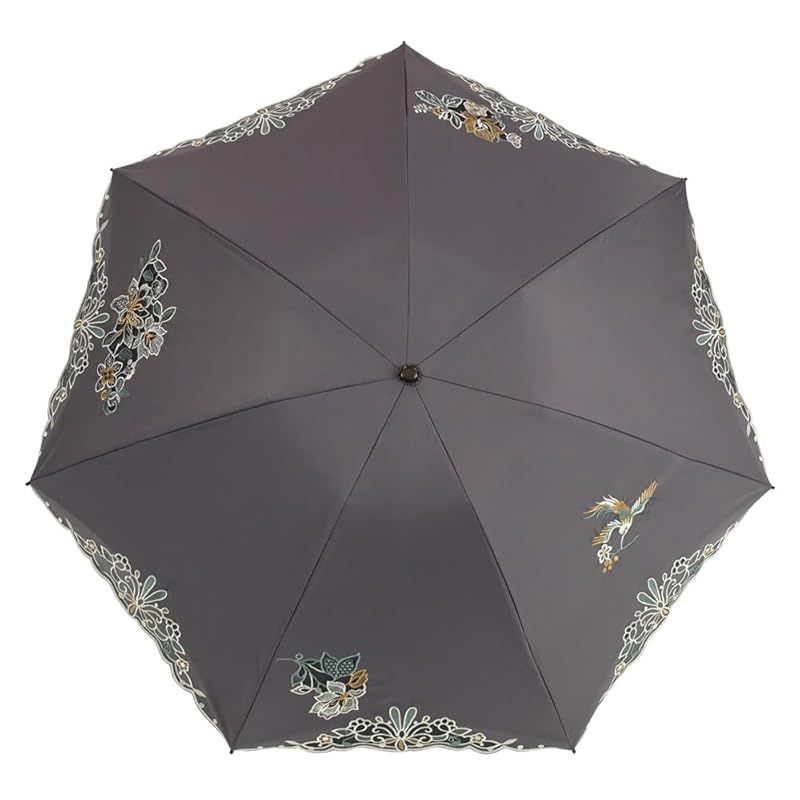 シノワズリーモダン 日傘 折りたたみ レディース１級遮光 UVカット 晴雨兼用 カットワーク刺繍 オーガンジー 3段折りたたみ 軽量 花鳥刺繍 グレー