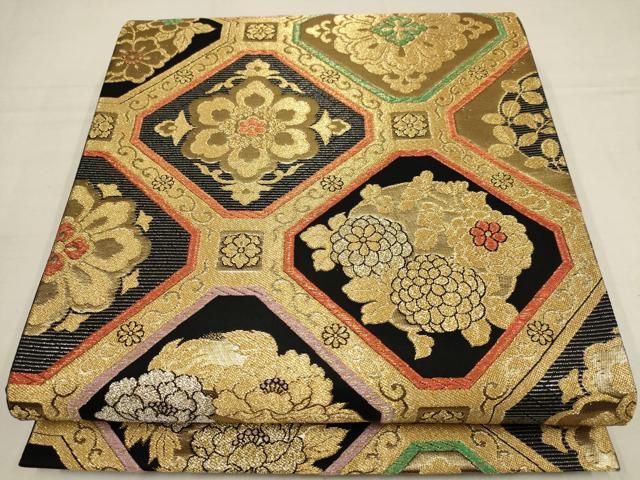 平和屋着物▽六通柄袋帯 プリンセス 蜀江草花文 黒地 金銀糸