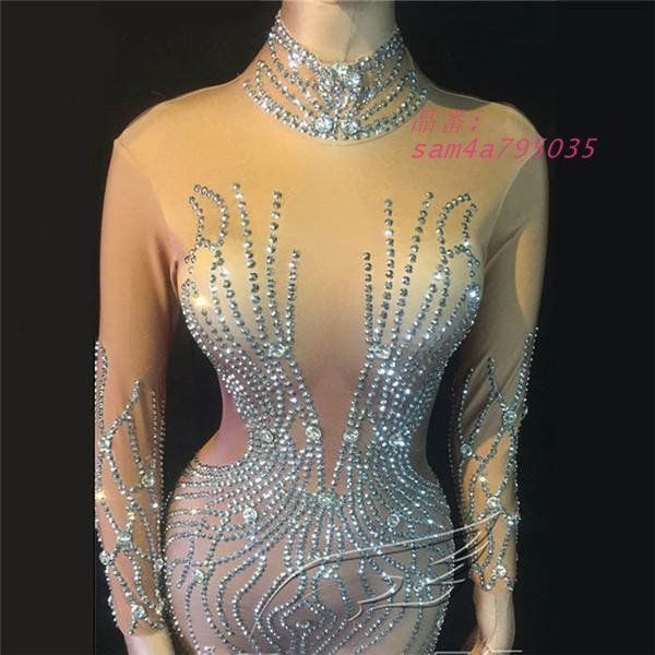 エキゾチックダンスウェア レオタード ラインストーン 女性用 長袖 スパンデックス ナイトクラブジャンプスーツ am 4 a 795035