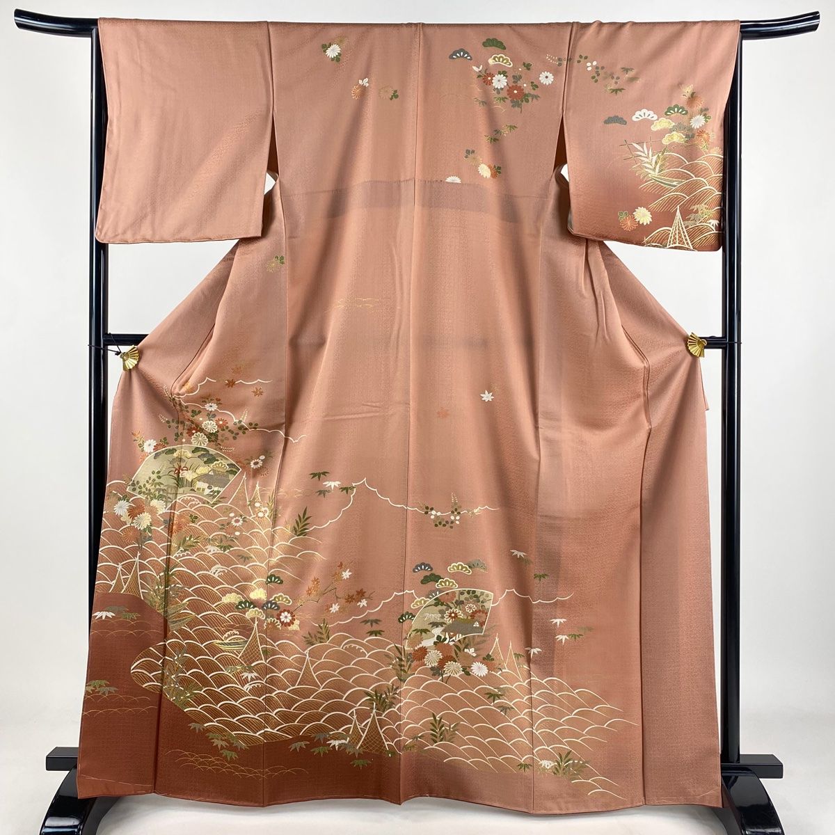 訪問着 身丈166cm 裄丈65.5cm M 袷 扇面 草花 金彩 ピンク 正絹 秀品