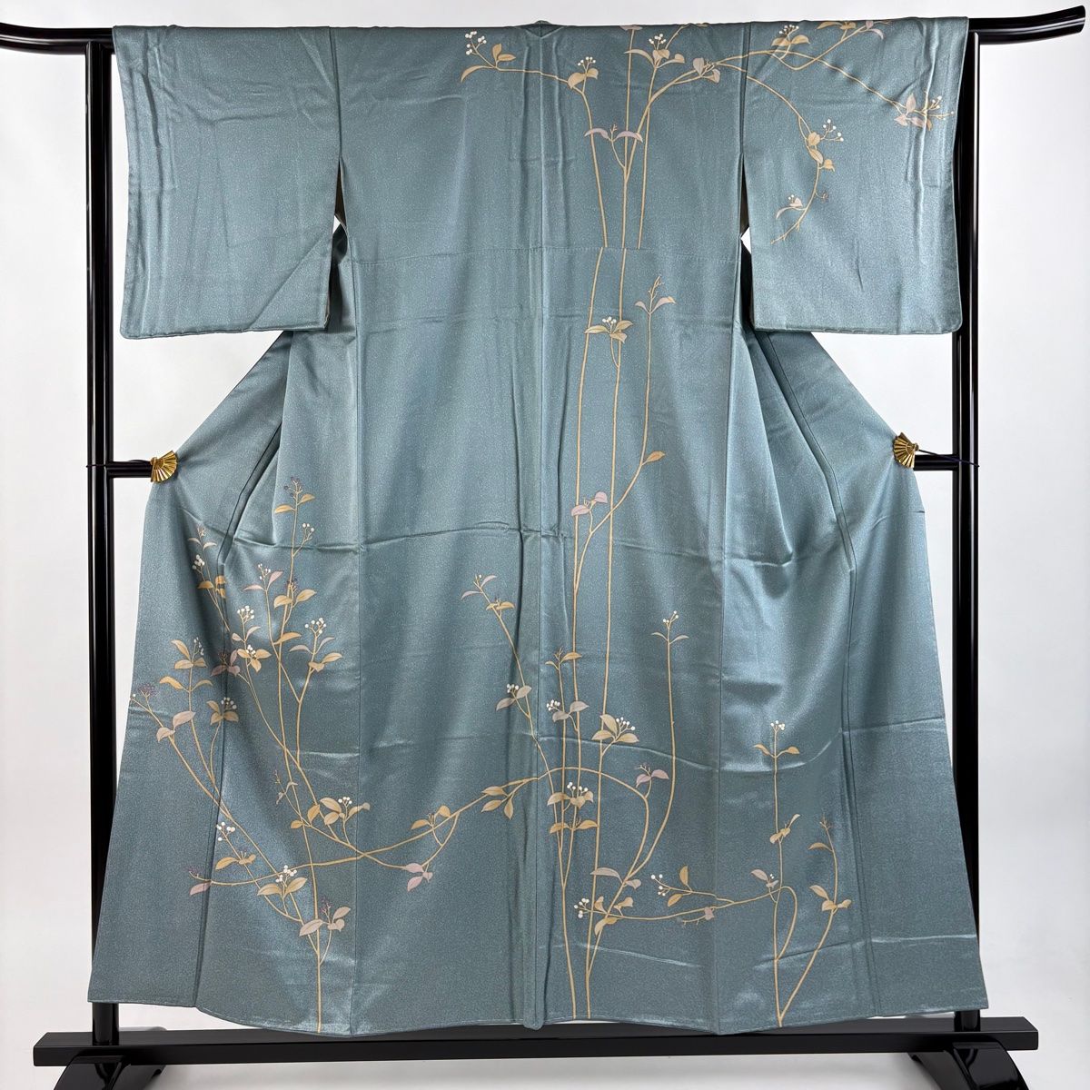訪問着 身丈155cm 裄丈63cm S 袷 やまと 枝花 金彩 灰緑 正絹 秀品