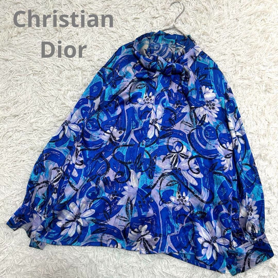 CD クリスチャンディオール ボウタイ シルクシャツ 長袖 青 花柄 M