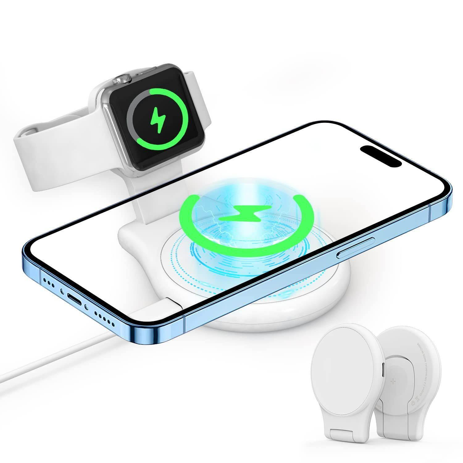 【特価セール】14/13/12用 iPhone for USB-Cu0026Cケーブル付 アップルウォッチ充電スタンド コンパクト (White) 強力磁気リング マグネット式 3in1ワイヤレス充電器 Watch/AirPods 15W急速充電【2台同時充電