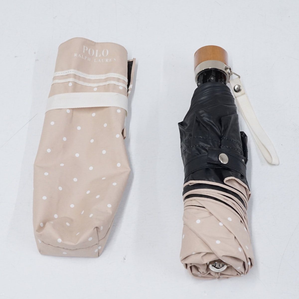 美品　POLO RALPH LAUREN ロゴ入り　折り畳み傘 ベージュ 雨傘 折りたたみ傘 ポロベア ロゴ バイカラー パイピング UV