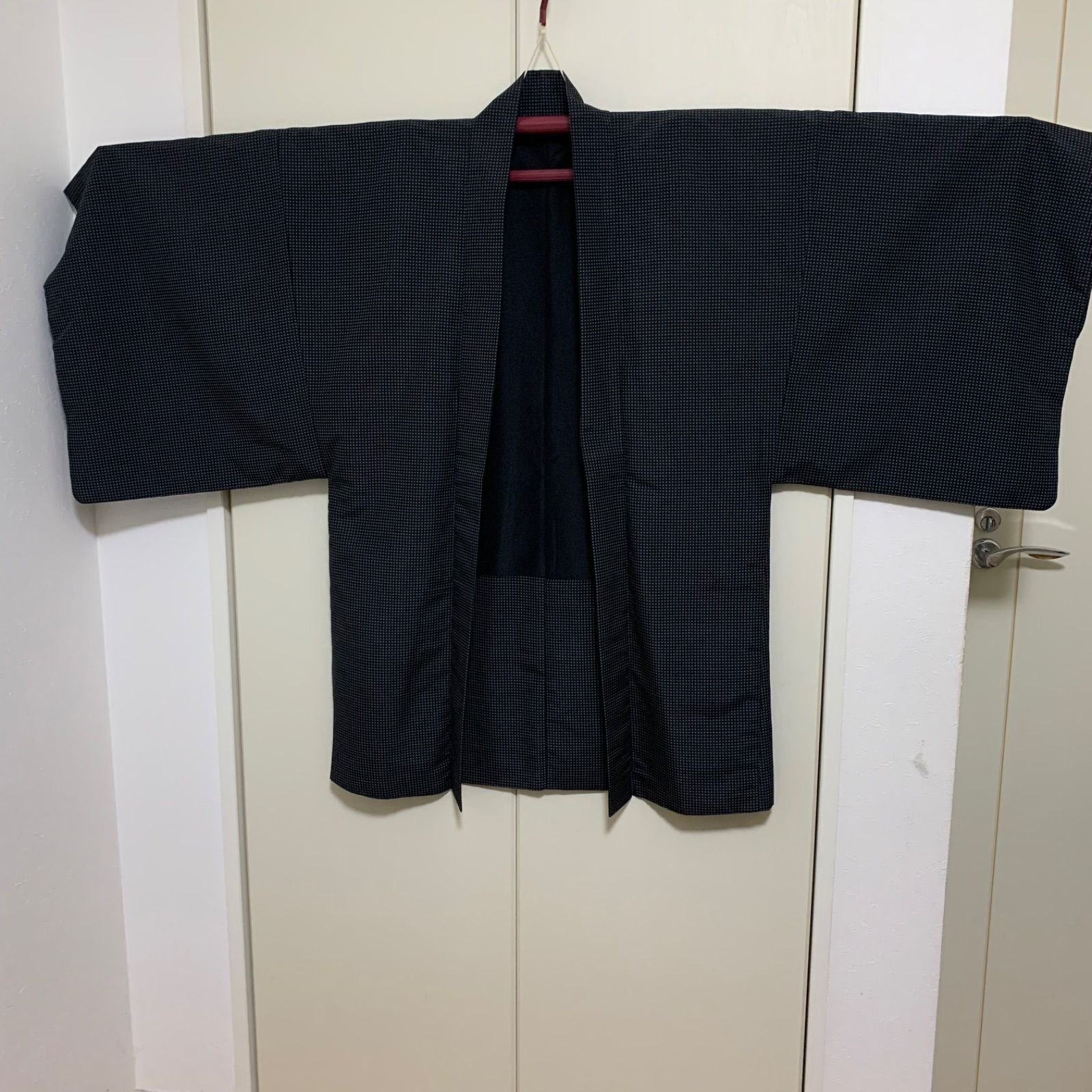 R 1458 紳士 メンズ ポリエステル 2点セット 羽織 裄74センチ 着物 身丈 背 139センチ 男性用 アンサンブル