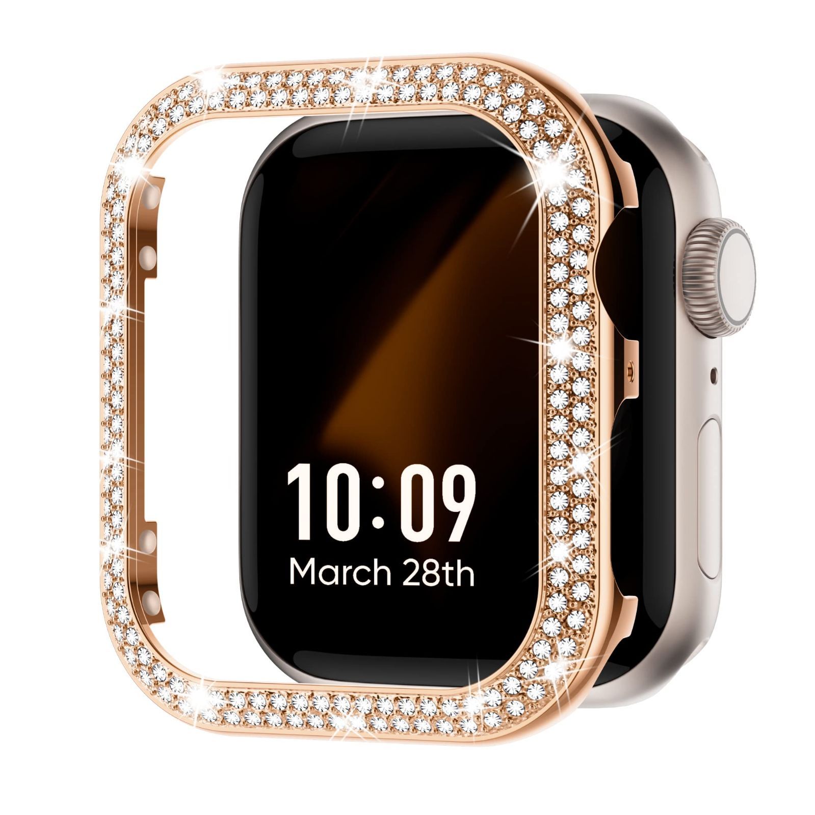 Missair コンパチブル アップルウォッチ カバー キラキラ ステンレス 44mm Apple Watch ケース 金属 ダブルダイヤモンド アップルウォッチ 飾りフレーム Series 8 7に対応 オシャレ レディース ローズ