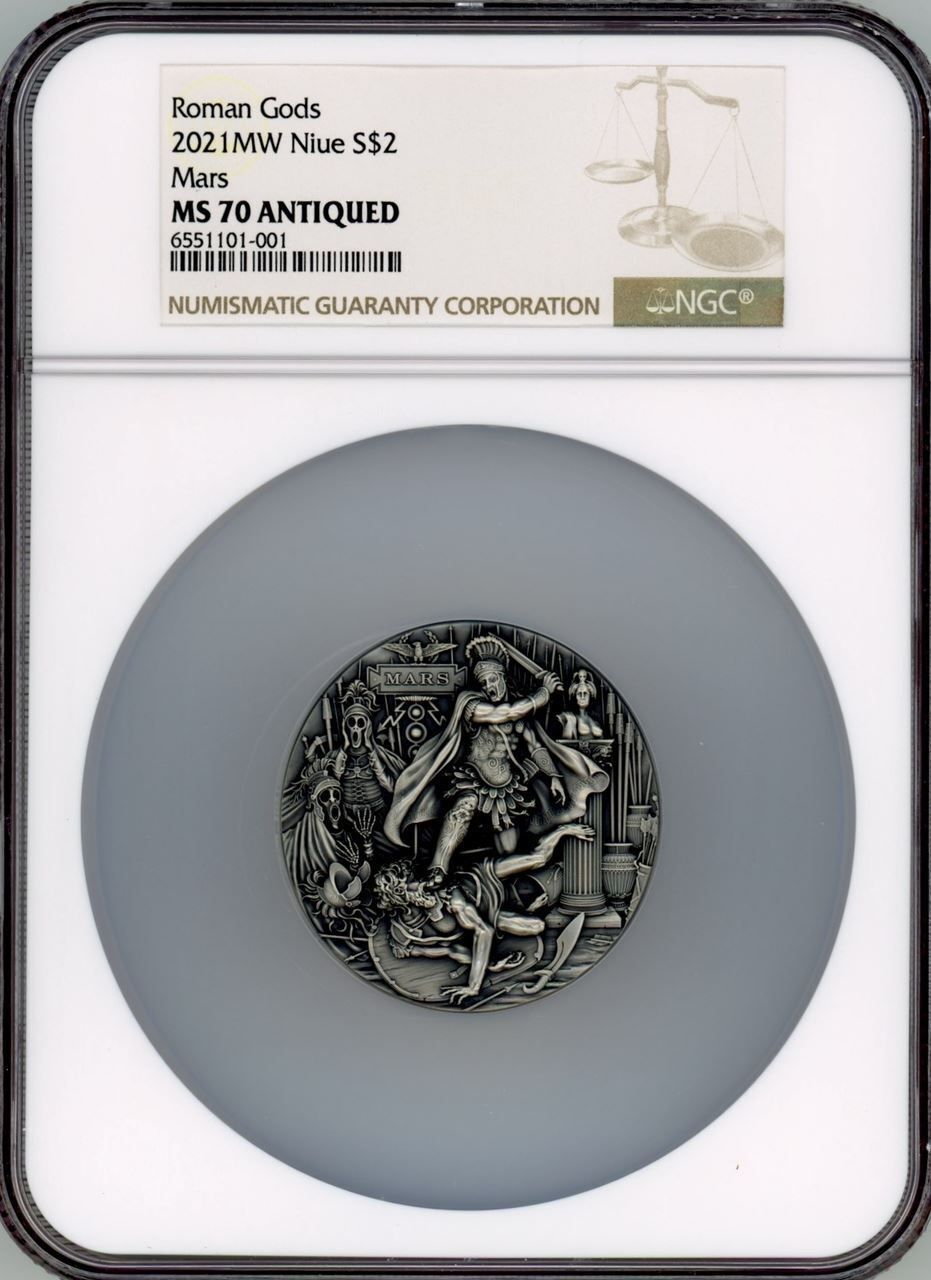 2021 Niue 2 Oz Antique Finish Silver Coin Roman Gods Mars NGC MS70