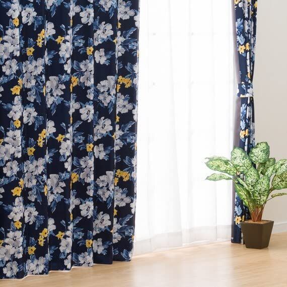ネイビー系　花柄遮光カーテンドレープカーテン　ニトリ(NITORI)　2セット 遮光1級・遮熱カーテン＆遮熱・ミラーレース4枚セット(Nナーシャ2 NV