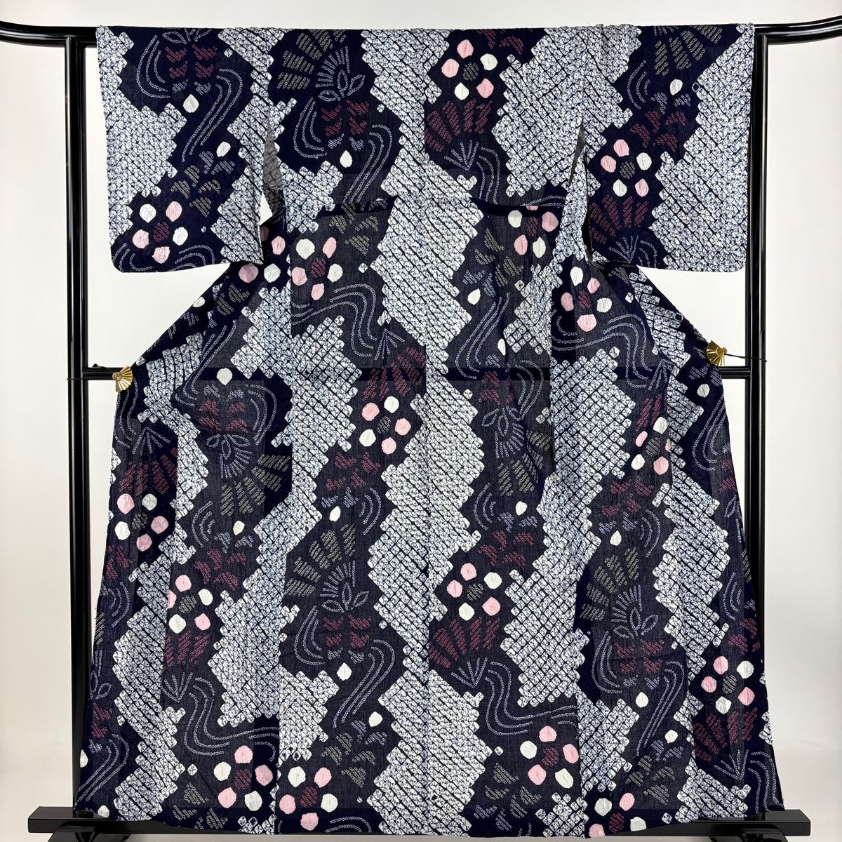 浴衣 身丈160cm 裄丈61cm S 絞り浴衣 花 流水 紺色 綿 名品