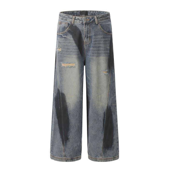 大人気! VETEMENTS ダメージ加工 コットン ワイド デニムパンツ カーブデニムパンツ ダメージ加工 レディース デニムパンツ