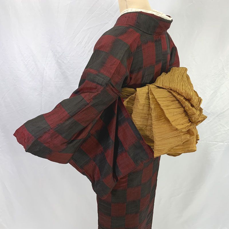 銘仙 美品 紅絹 市松格子 扇子 身丈156 アンティーク 大正ロマン 古布 銘仙 美品 紅絹 市松格子 扇子 身丈156 アンティーク 大正ロマン