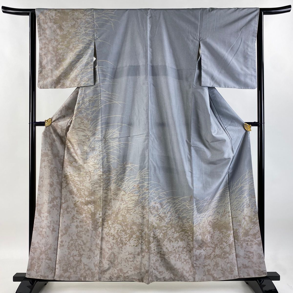 訪問着 身丈158cm 裄丈63.5cm S 袷 紬地 幾何学 シルエット 灰色 正絹 秀品