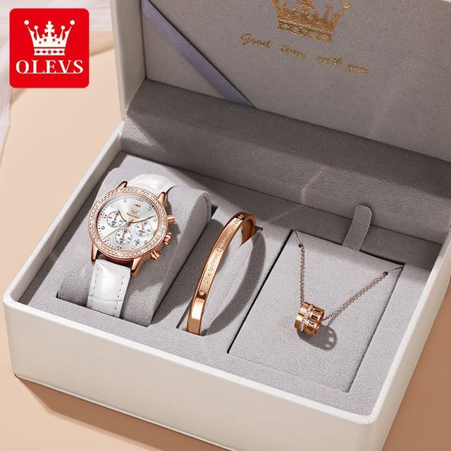 訳あり特価【新品】Olevs レディース豪華3点セット 高級腕時計 クロノ 