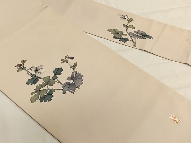 平和屋着物◎塩瀬 九寸名古屋帯 作家物 手描き 草花文 正絹 逸品  