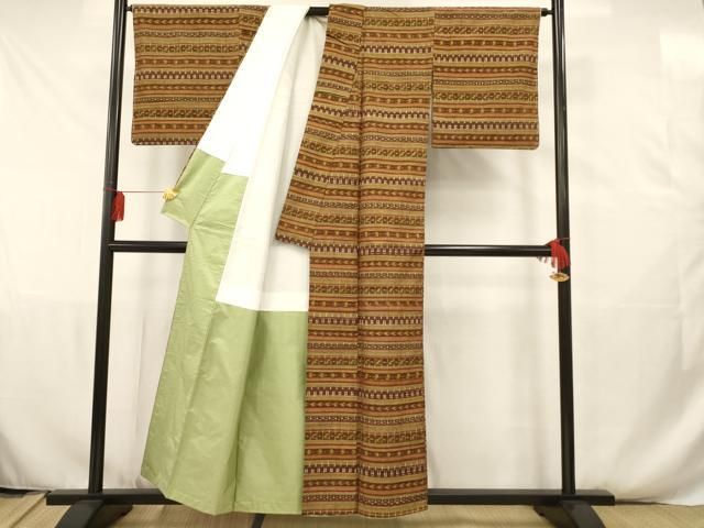 平和屋着物○上質な紬 横段市松文 正絹 逸品 AAAY1942ck