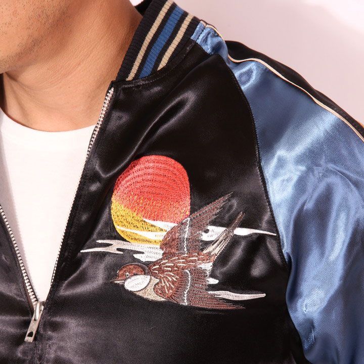 ジャパネスク 雀と藁ぶき屋根 刺繍 スカジャン 3RSJ-034 ブラック×袖