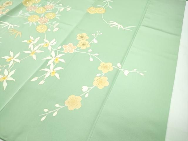 平和屋本店□極上 創業460年・千總 訪問着 駒刺繍 草花文 金彩 山葵色  