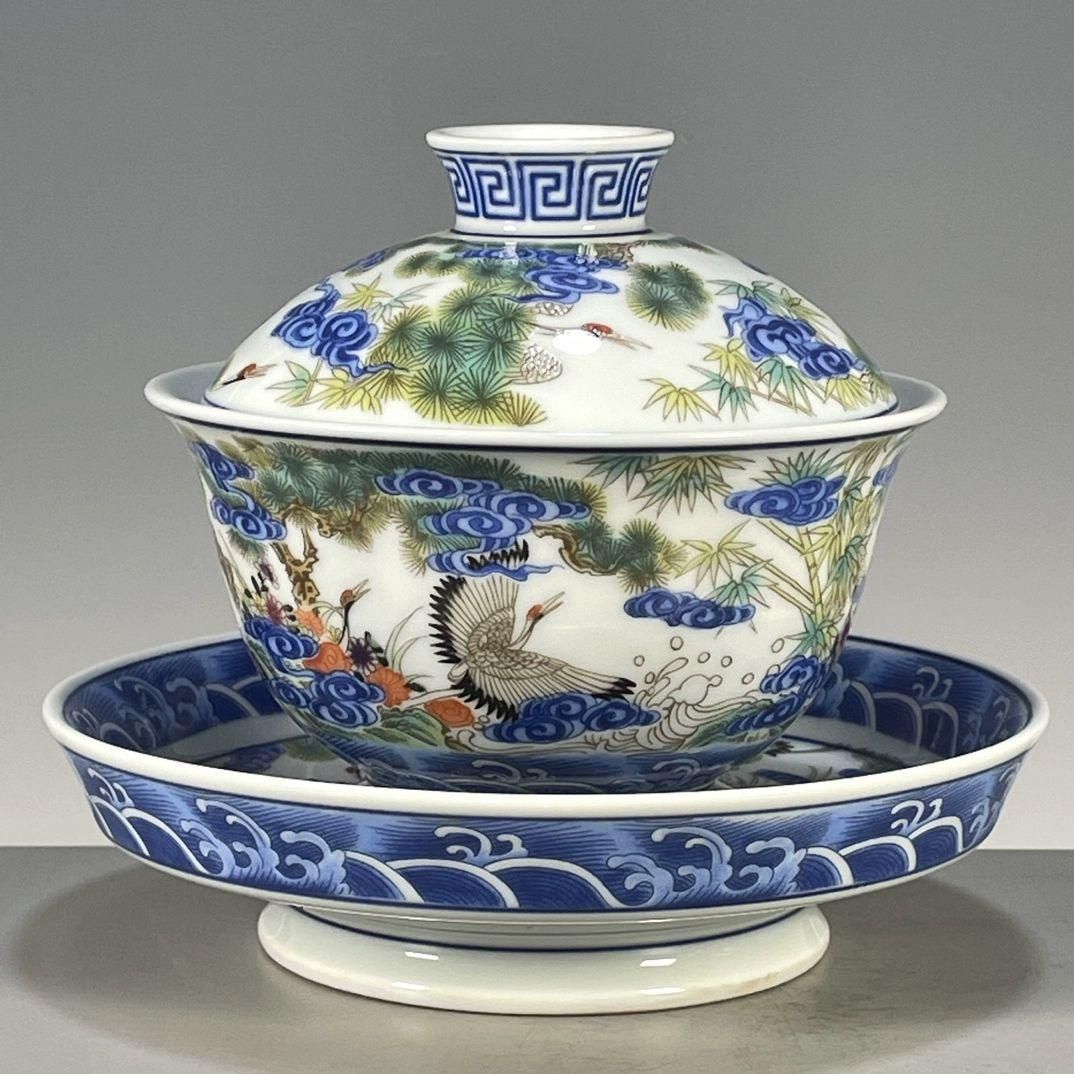 中国茶器 景德鎮 五色松鶴献寿図三才蓋碗 茶碗 新品未使用 中国茶器 景德鎮 五色松鶴献寿図三才蓋碗 茶碗 新品未使用