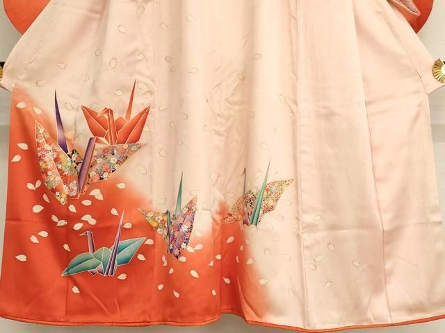 七五三に★枝垂れ桜に飛鶴　橙色に金彩　七歳着物セット 平和屋着物[]七五三 女の子 7歳 祝着 四つ身 折鶴枝垂れ桜文 暈