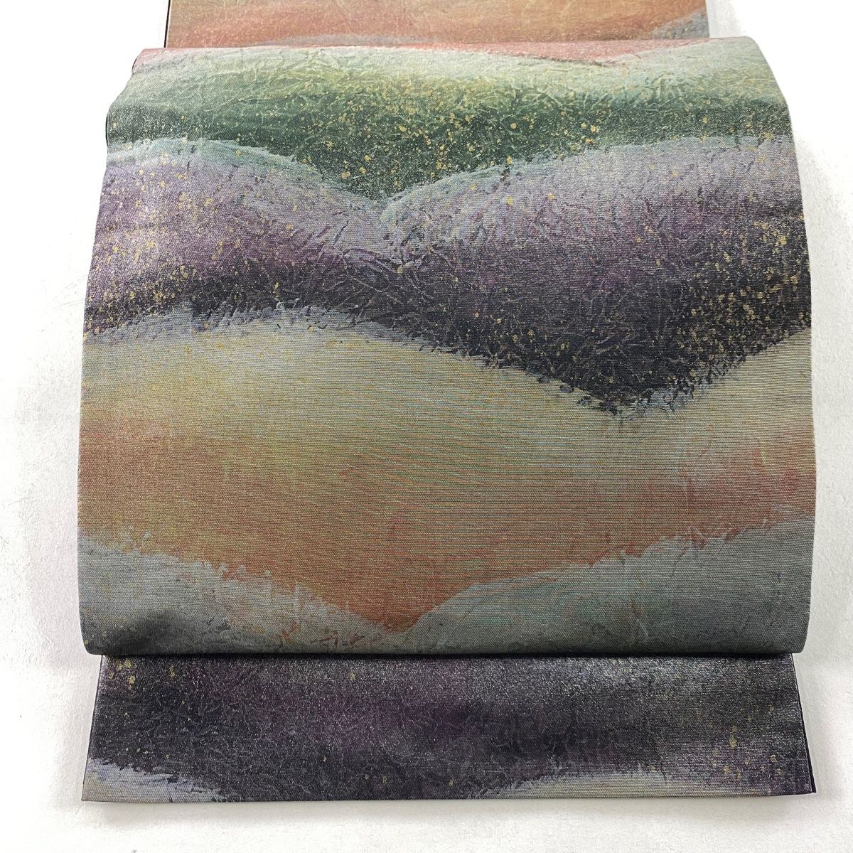 袋帯 秀品 幾何学模様 箔 金彩 灰色 六通 正絹