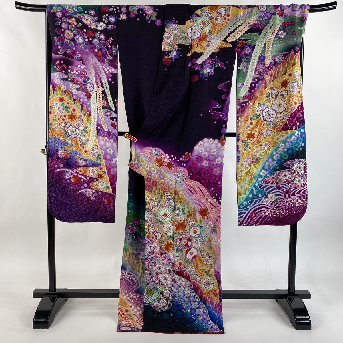 美品】 振袖 身丈174.5cm 裄丈71cm L 袷 草花 霞 銀通し 金銀彩 紫